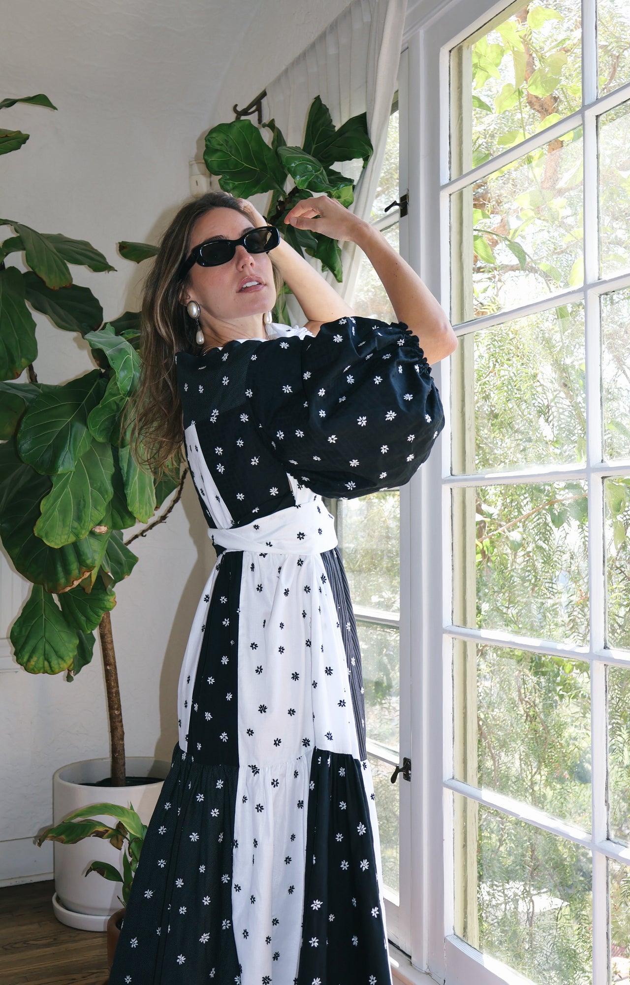 CALISTOGA Cotton Embroidered Dress, Black & White Floral