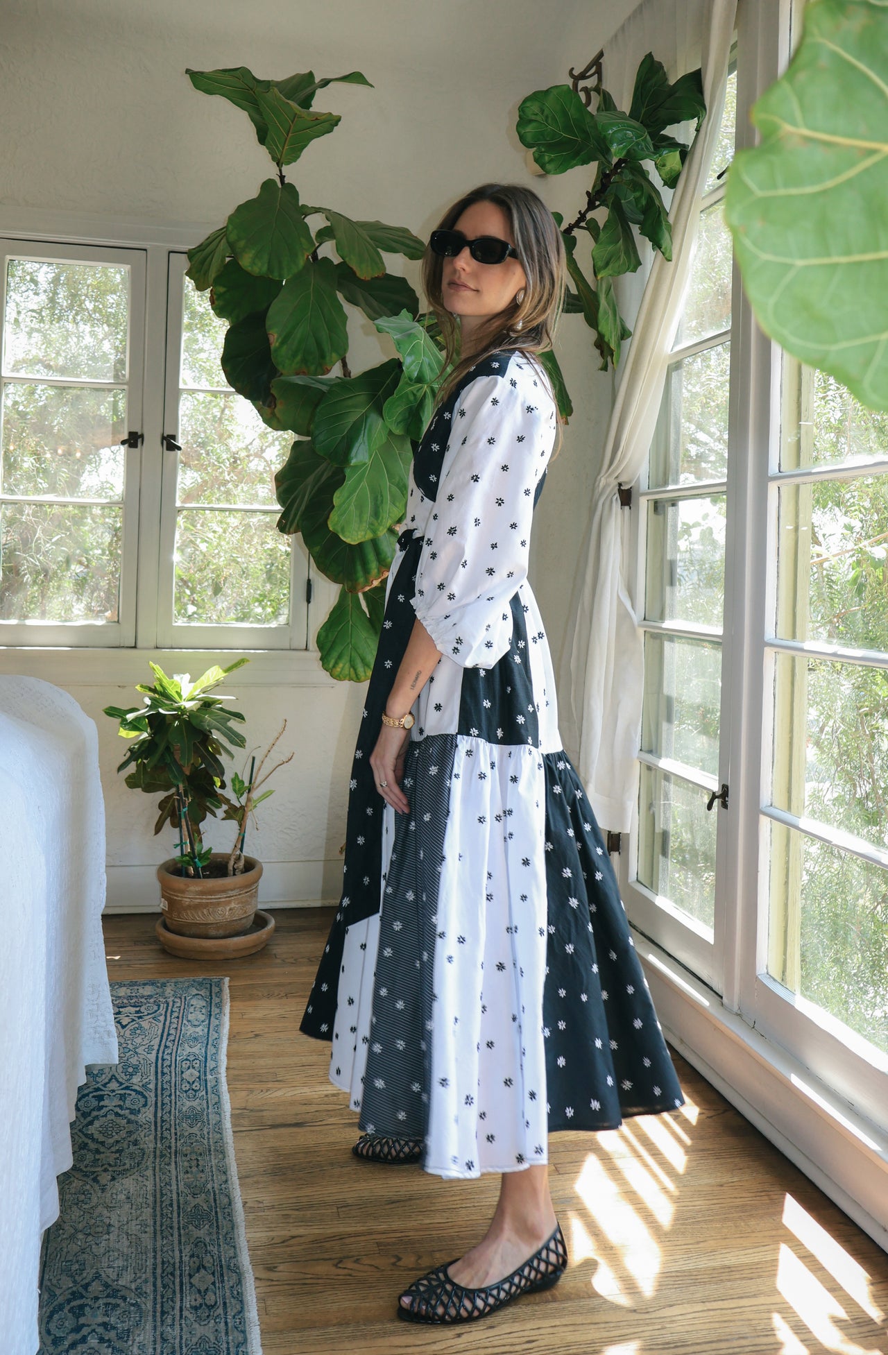 CALISTOGA Cotton Embroidered Dress, Black & White Floral