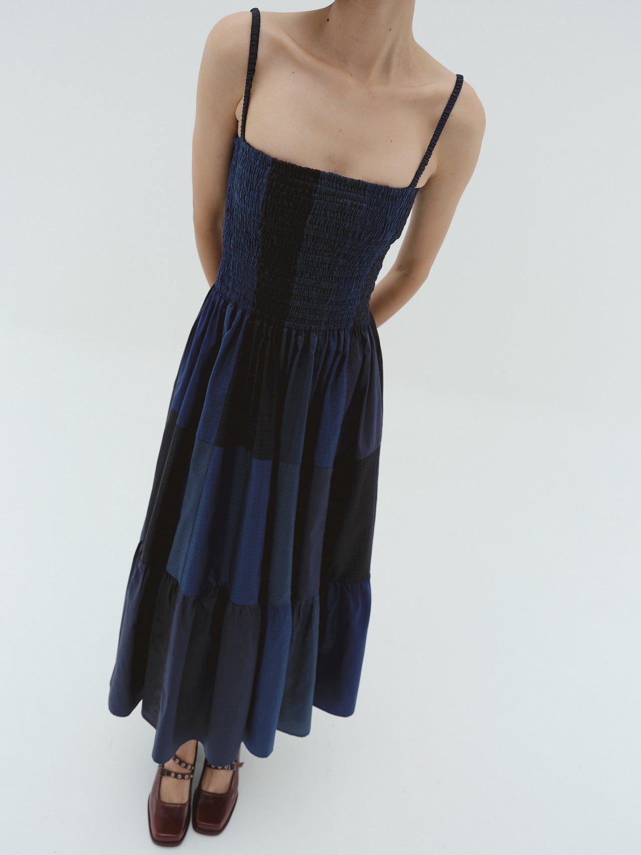 JULIANA Smocked Cotton Dress | Navy | Size S | SAMPLE