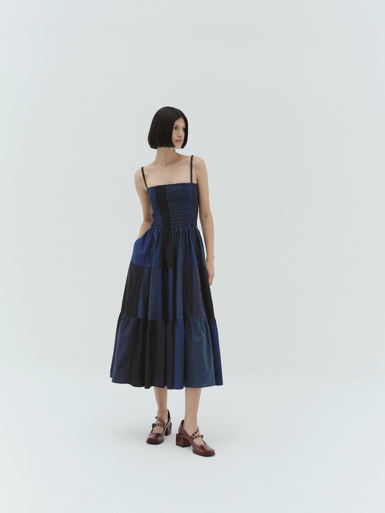 JULIANA Smocked Cotton Dress | Navy | Size S | SAMPLE