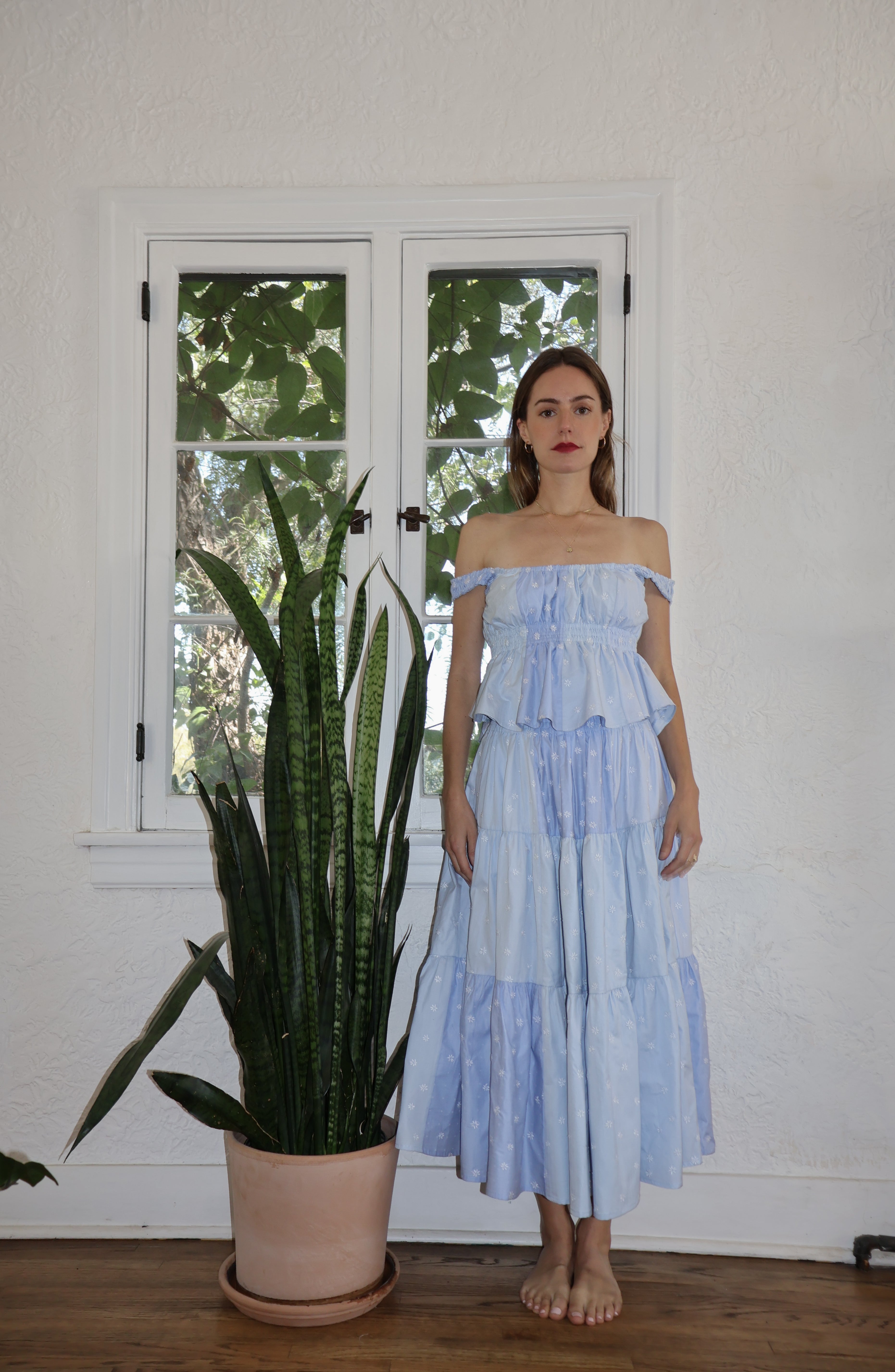 Maria Teresa Skirt, Sky Blue Floral Embroidery