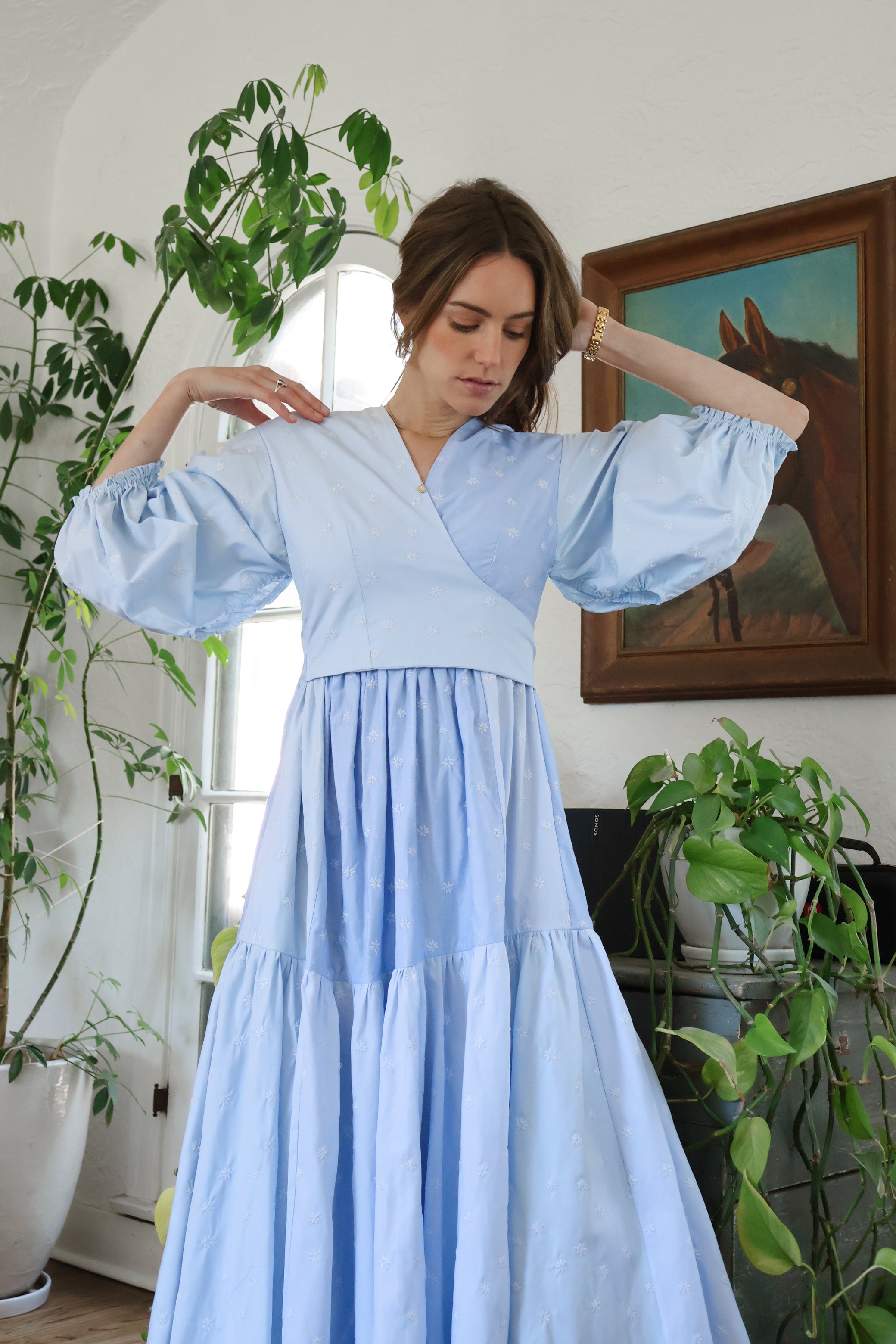 CALISTOGA Cotton Wrap Dress | Sky Blue Floral Embroidery LOTI CALISTOGA Cotton Wrap Dress | Sky Blue Floral Embroidery LOTI