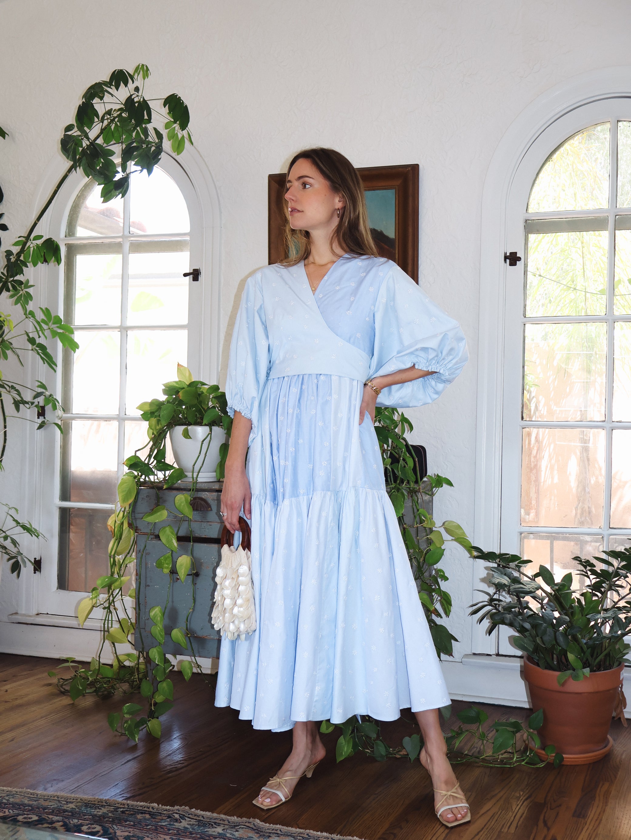 CALISTOGA Cotton Wrap Dress | Sky Blue Floral Embroidery LOTI CALISTOGA Cotton Wrap Dress | Sky Blue Floral Embroidery LOTI